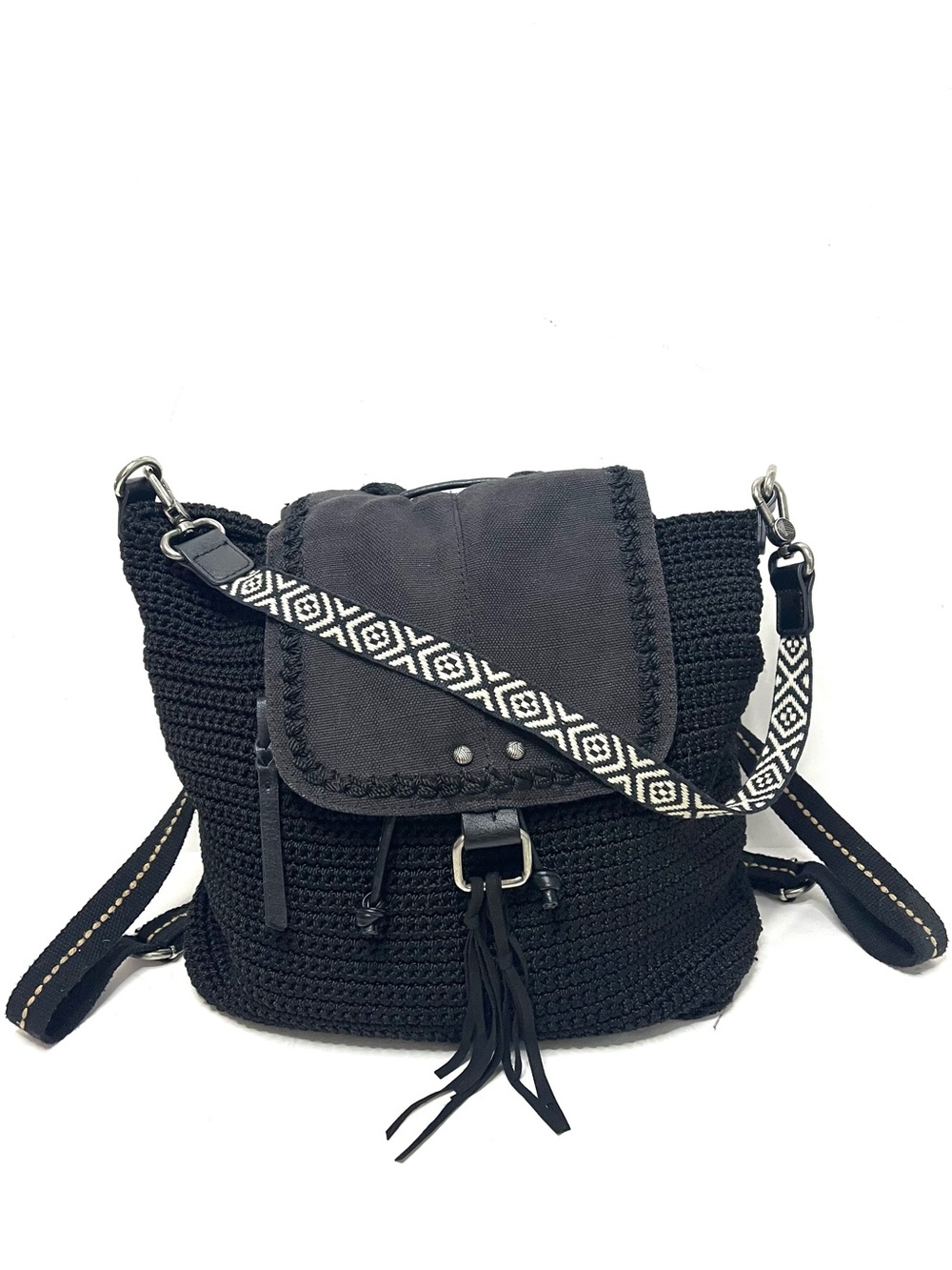 The SAK Avalon Black Crochet & Canvas Convertible Backpack